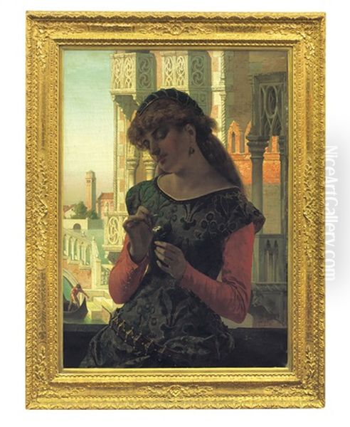 Giovane Donna Sul Balcone A Venezia Oil Painting by Tito Lessi