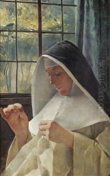 Portrait Of A Nun, Sewing Beside A Sunlit Window Oil Painting by Tito Lessi