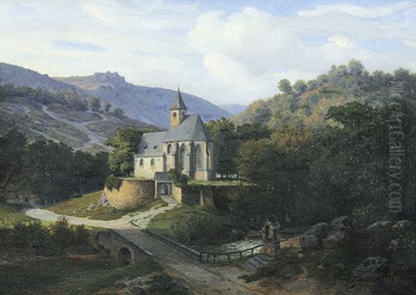 Gotische Waldkapelle In Einem Gebirgstal, Vorne Eine Brucke Uber Einen Bach by Karl Friedrich Lessing