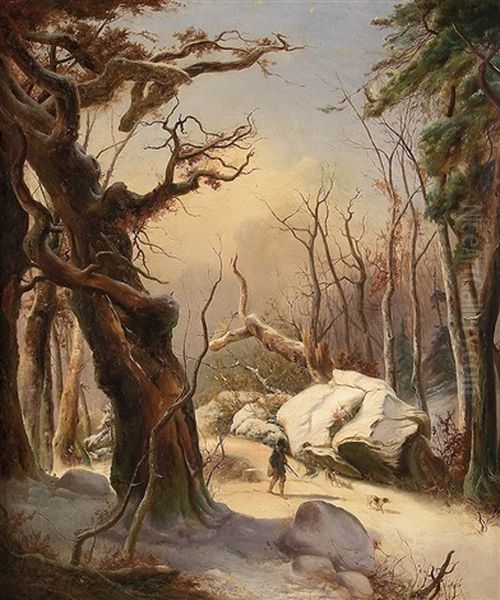 Hunters In The Wintry Woods Oil Painting by Karl Friedrich Lessing