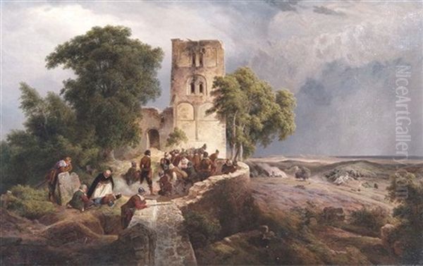 An Extensive Landscape With Soldiers By A Ruined Tower Awaiting An Attack Oil Painting by Karl Friedrich Lessing