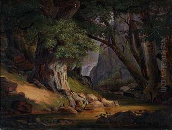 Sonnendurchflutetes Waldstuck Mit Eiche Vor Kleinem Wasserfall Oil Painting by Karl Friedrich Lessing