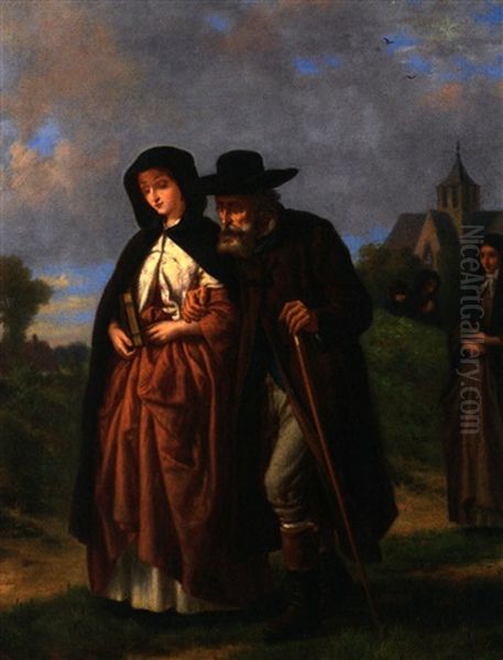 Sonntaglicher Kirchgang. Junge Frau Und Alter Mann, Im Hintergrund Die Dorkfirche Oil Painting by Karl Friedrich Lessing