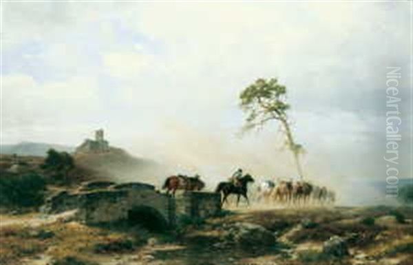 Landschaft Mit Reitenden Landsknechten Und Einer Burgruine Bei Aufkommendem Unwetter Oil Painting by Karl Friedrich Lessing