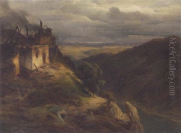 Berglandschaft Mit Verwundetem Soldat Und Brennender Ruine Oil Painting by Karl Friedrich Lessing