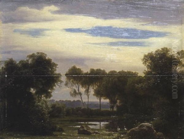 Stiller Waldweiher Mit Zwei Schwanen Oil Painting by Karl Friedrich Lessing