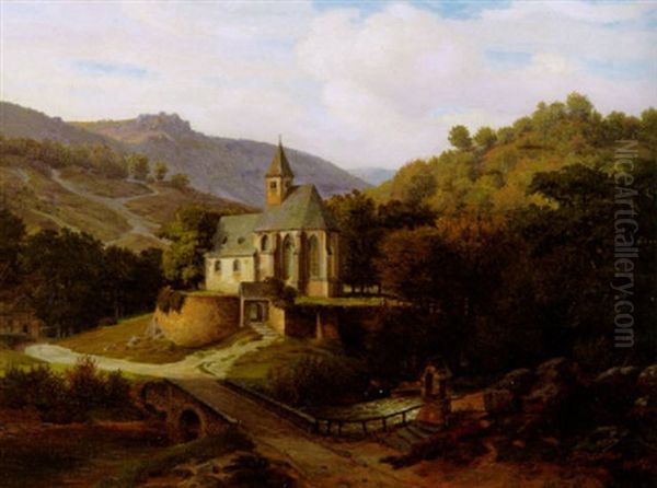 Blick In Ein Eifeltal Mit Fluslauf Und Kleiner Kapelle Oil Painting by Karl Friedrich Lessing