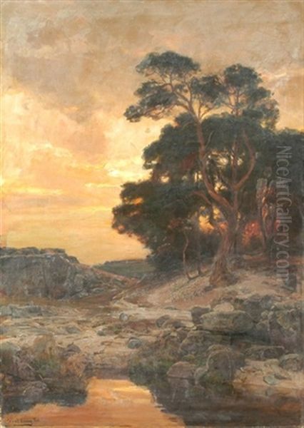 Baumbestandene Landschaft Im Abendrot Oil Painting by Konrad Ludwig Lessing