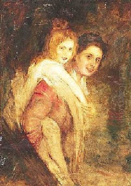 Huckepack. Mutter Mit Kind Oil Painting by Konrad Ludwig Lessing