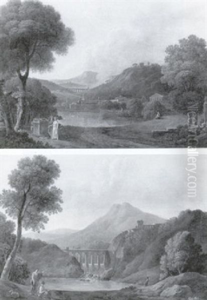 Paysages A L'aqueduc Anime De Personnages Oil Painting by Pierre-Etienne Lesueur