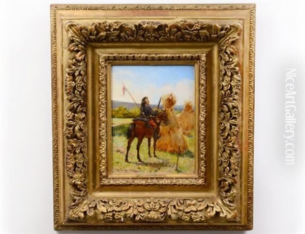 Sokldier On Horseback With Haystacks Oil Painting by Henri Victor Lesur