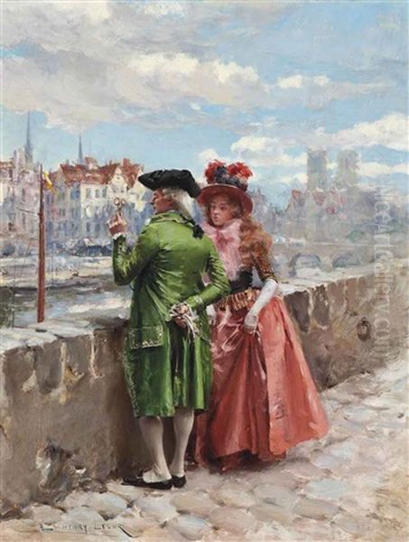 A Stroll By The Seine, Paris Oil Painting by Henri Victor Lesur