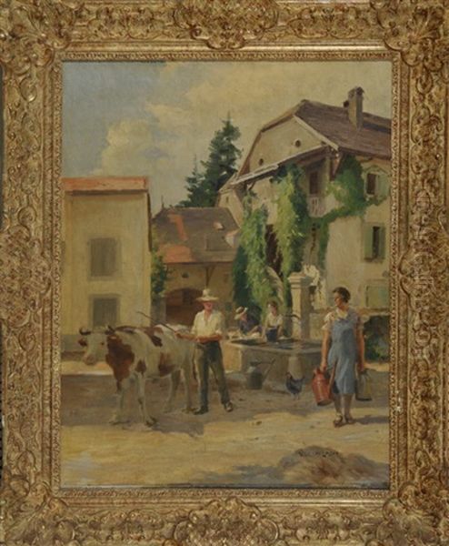 Am Stadtischen Brunnen Treffen Ein Hirte Mit Rind Und Drei Frauen Mit Wasserkrugen Zusammen Oil Painting by Henri Victor Lesur