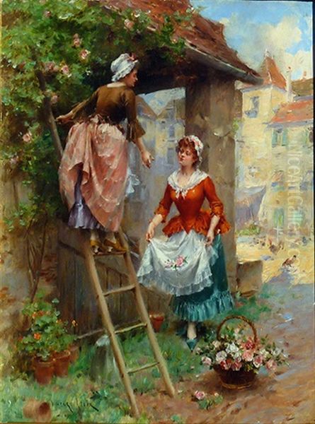 Picking Flowers For The Market Oil Painting by Henri Victor Lesur