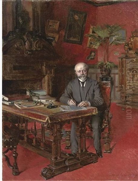 Portrait Of A Gentleman, Full-length, Seated At His Desk, In A Grey Suit, A Pen In His Right Hand Oil Painting by Henri Victor Lesur