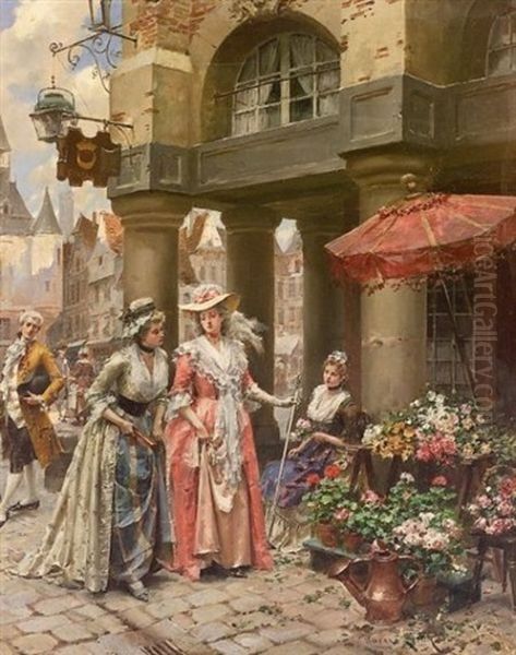 At The Flower Market Oil Painting by Henri Victor Lesur