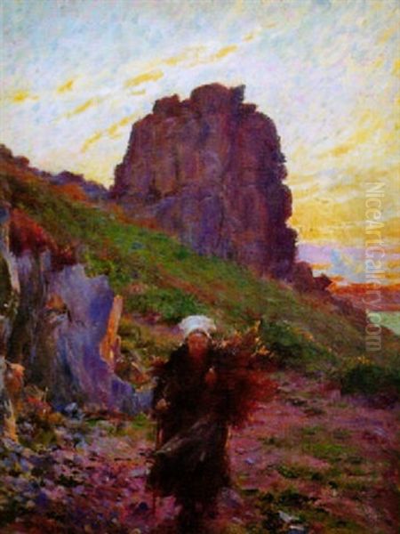 Au Couchant, Bretonne Ramassant Du Bois Oil Painting by Henri Victor Lesur