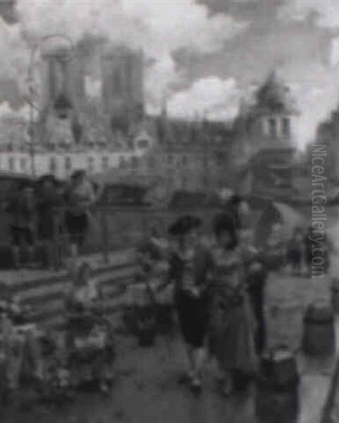 Les Quais De Seine Et Les Bouquinistes, Paris Oil Painting by Henri Victor Lesur