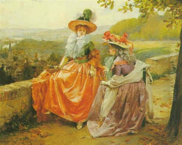 Elegant Ladies On A Promenade Oil Painting by Henri Victor Lesur