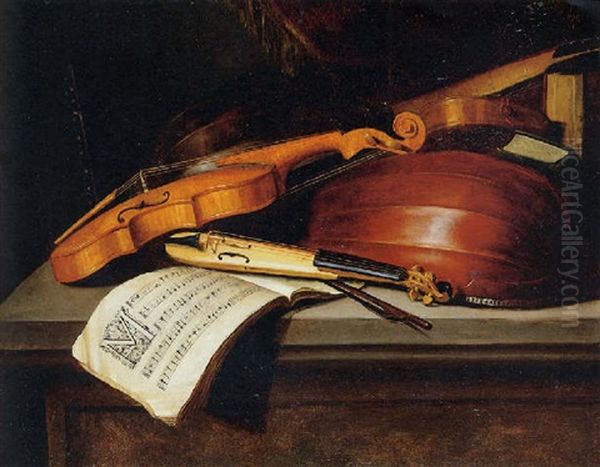 A Violin, A Pocket Violin, Lutes, A Musical Score And Books On A Stone Ledge Oil Painting by  Letellier