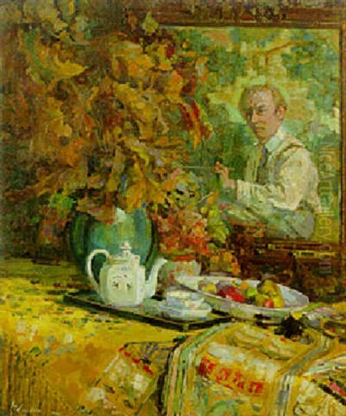 The Artist's Reflection: Self Portrait Of The Artist With A Still Life Of Flowers And Fruits On A Table Oil Painting by Hector Letellier