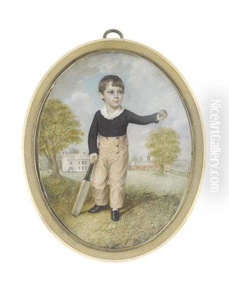 A Young Boy, Standing Before A House And Stables, Wearing Black Shoes, Buff Breeches, Dark Blue Jacket And White Collar With Frilled Edge, His Cricket Bat In His Right Hand Oil Painting by Walter Stephens Lethbridge