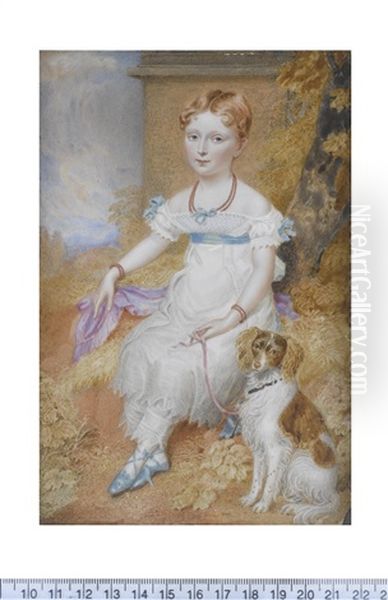 A Young Girl, Seated In A Landscape, Wearing White Decollete Dress With Blue Ribbon Sash, The Lead Of Her Spaniel In Her Left Hand Oil Painting by Walter Stephens Lethbridge