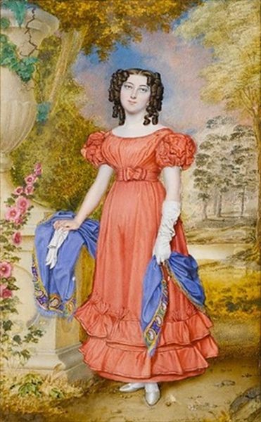 A Lady, Wearing Salmon-colored Dress With Puffed Sleeves And Flounced Skirt, Ivory Satin Slippers, A Blue Shawl With Yellow And Green Border Around Her Waist Oil Painting by Walter Stephens Lethbridge