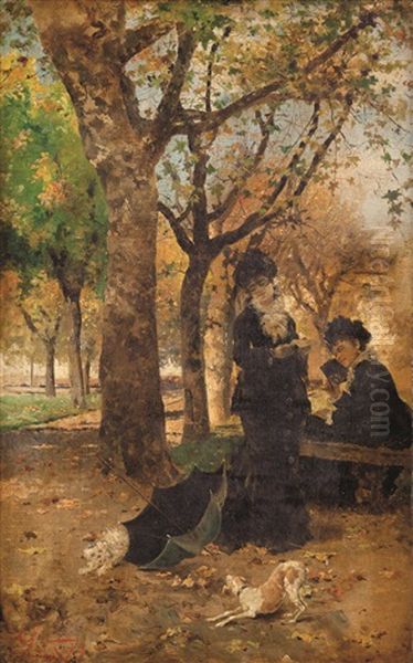 Fanciulle Con Cagnolini Al Parco Oil Painting by Antonino Leto