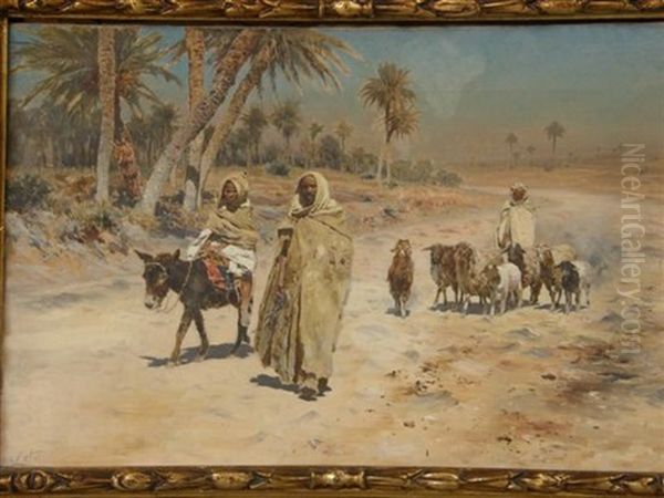 Arab Goatherd With Other Figures One Riding On A Donkey Oil Painting by Antonino Leto