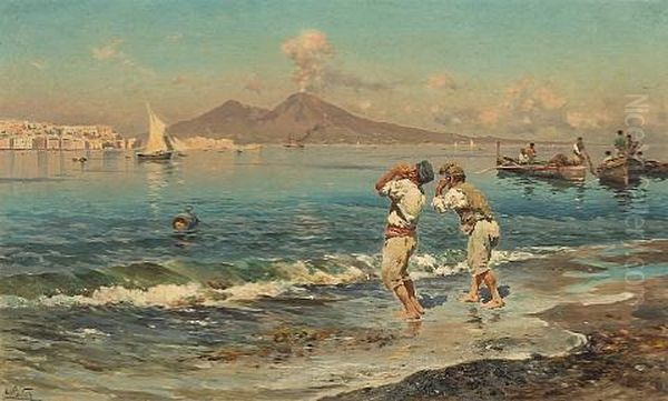 A View Of The Bay Of Naples With Fishermen In The Foreground Oil Painting by Antonino Leto