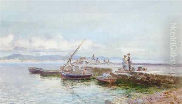 A Small Harbour On The Neapolitan Coast Oil Painting by Antonino Leto