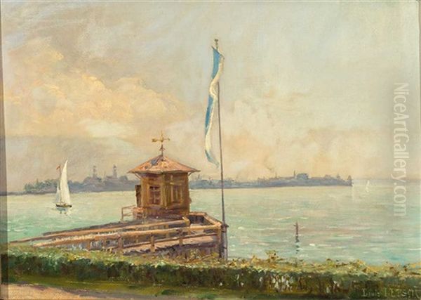 Blick Vom Schachener Ufer Mit Badehauschen Uber Den Bodensee Auf Die Insel Lindau Oil Painting by Louis Letsch