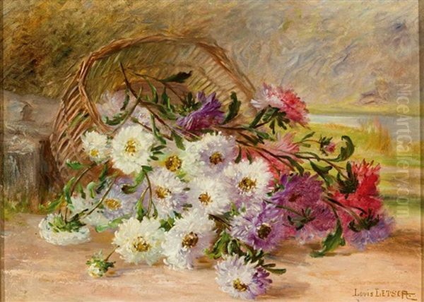 Blumenstilleben Mit Dahlien Vor Weiter Hugeliger Landschaft Oil Painting by Louis Letsch