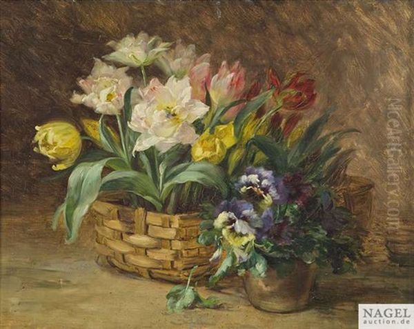 Stilleben Mit Stiefmutterchen Und Tulpen Oil Painting by Louis Letsch