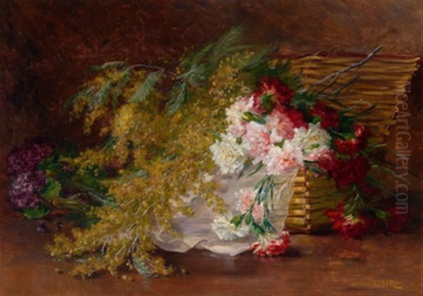 Ein Weidenkorb Mit Mimosen, Veilchen Und Nelken Oil Painting by Louis Letsch