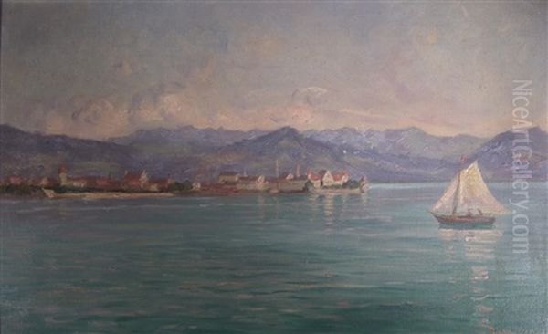 Blick Von Westen Auf Die Inselstadt Lindau Und Die Osterreichischen Alpen Oil Painting by Louis Letsch