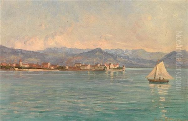 Blick Von Westen Auf Die Inselstadt Lindau Und Die Osterreichischen Alpen Oil Painting by Louis Letsch