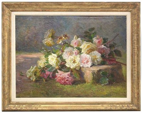 Stilleben Mit Weisen Und Rosa Rosen Auf Einem Steinpodest Oil Painting by Louis Letsch