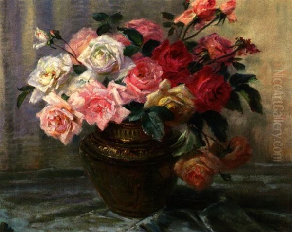 Bunter Rosenstraus In Jugendstilvase Oil Painting by Louis Letsch