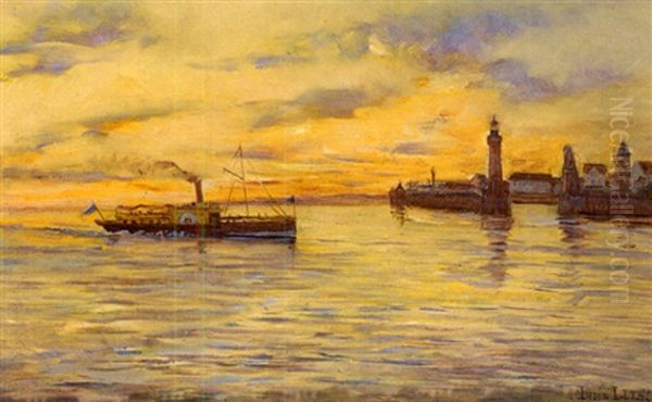 Blick Vom Osten Auf Die Lindauer Hafeneinfahrt Mit Bayerischem Raddampfer An Einem Prachtvollen Sommerabend Oil Painting by Louis Letsch