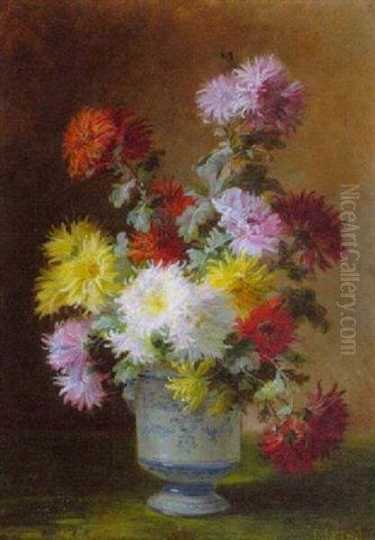 Chrysanthemenstraus In Einer Vase Mit Blaumalerei Oil Painting by Louis Letsch