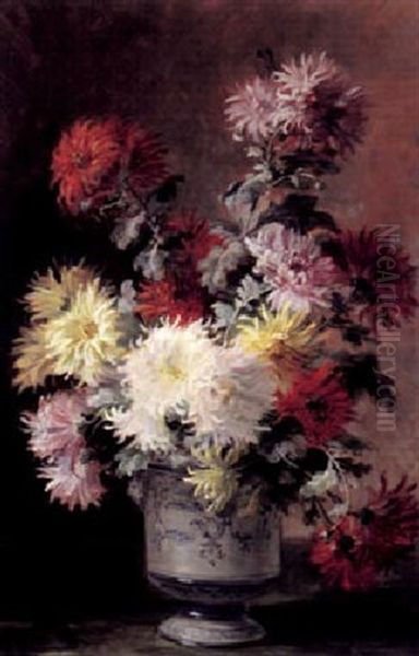 Bunter Chrysanthemenstraus, Sonnig Beleuchtet Vor Chagierendem Hintergrund Oil Painting by Louis Letsch