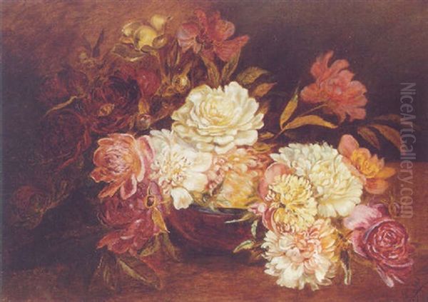 Dahlias In A Bowl On A Table Oil Painting by Louis Letsch