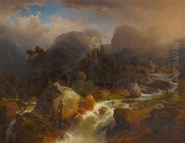 Gebirgslandschaft Mit Wasserfall Oil Painting by August Leu the Younger