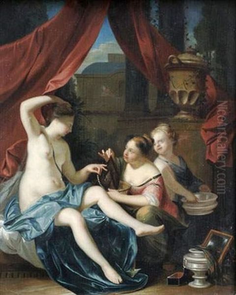 Bethsabee A Sa Toilette Oil Painting by August Leu the Younger