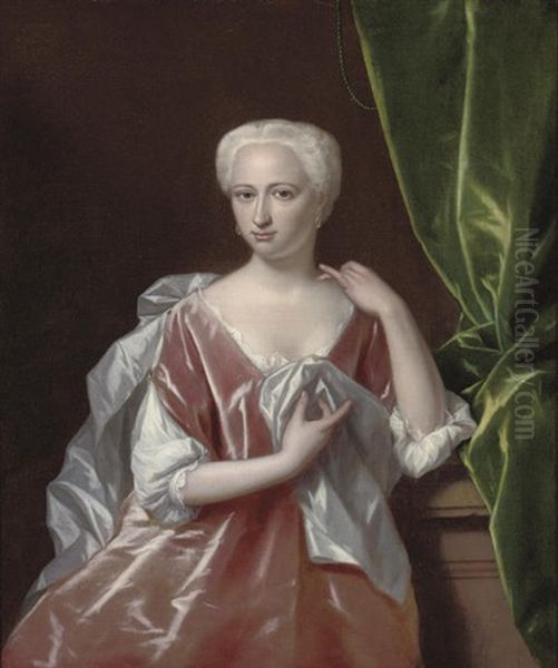 Portrait Of A Lady In A Pink Dress And Grey Mantle, By A Plinth Oil Painting by August Leu the Younger