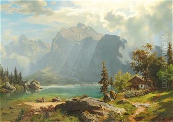 Mountain Lake With Chalet And Decorative Figures Oil Painting by August Wilhelm Leu