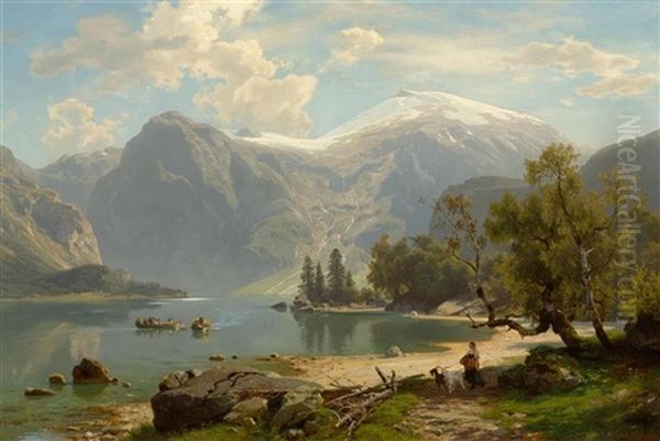 Hintersee In Bavaria Oil Painting by August Wilhelm Leu