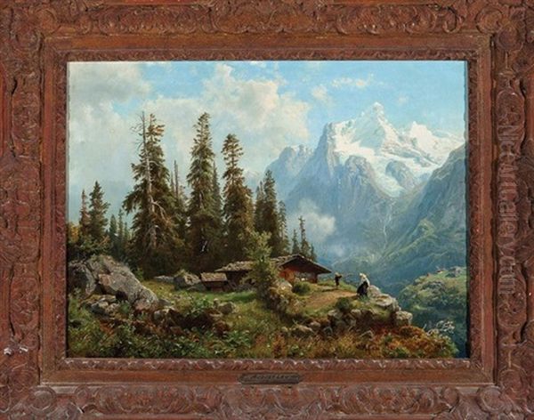 Alpine Cabin Oil Painting by August Wilhelm Leu